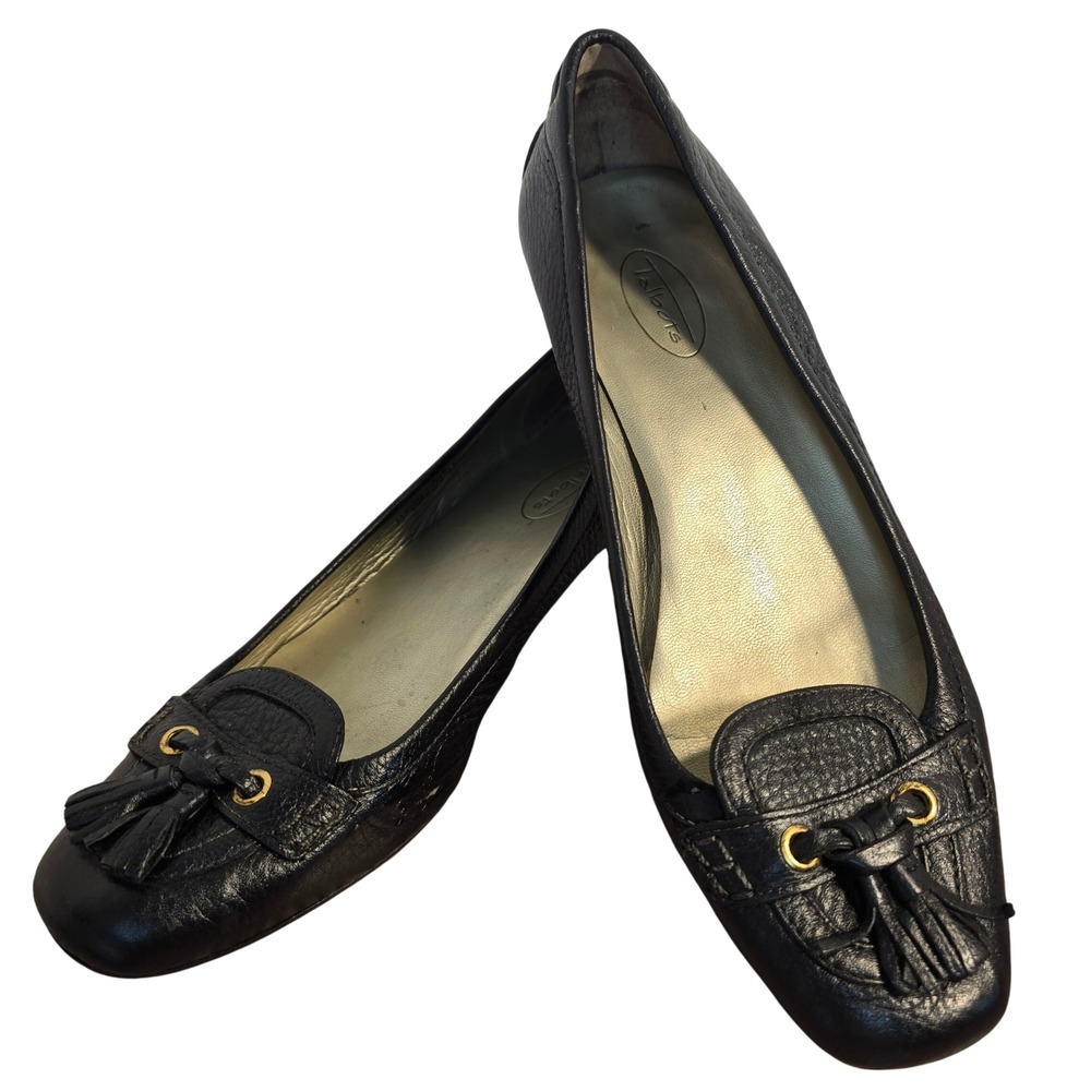 Talbots Black Pebbled Leather Tassel Loafer Pumps Low Block Heel Gold Hardware - Picture 1 of 16